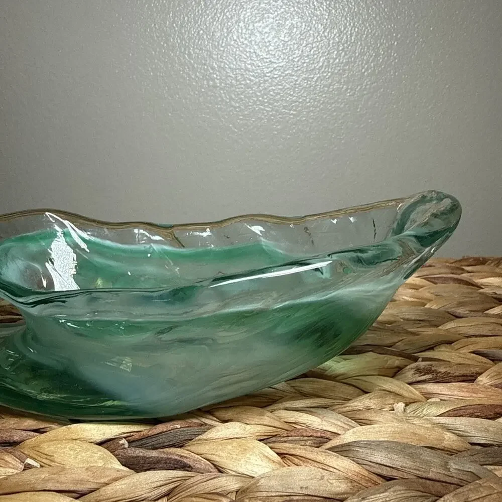 Vintage Aqua Art Glass Console Bowl Freeform Dish Vase Scroll Handle MCM 9.6”